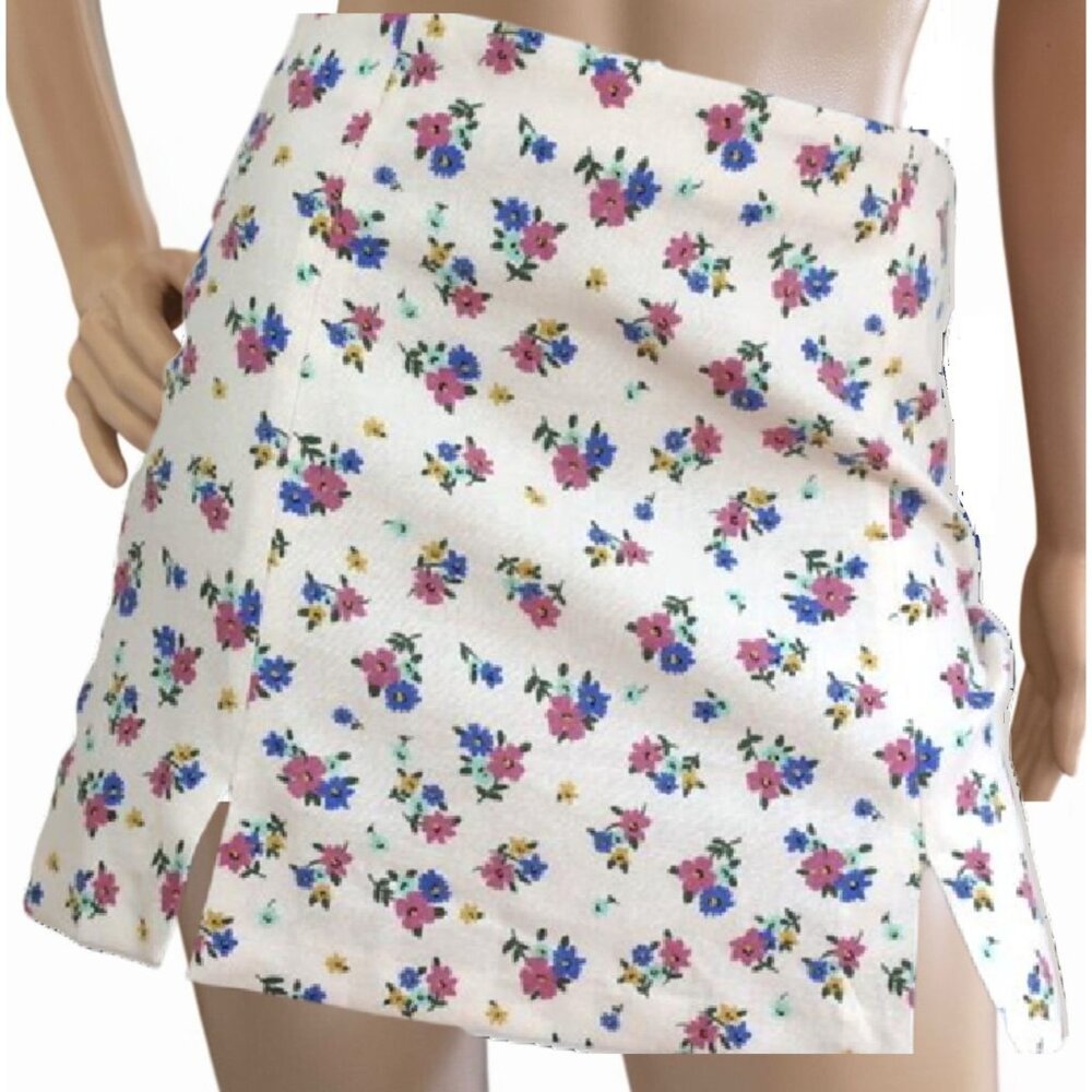 Zara Skirt Juniors Size L Floral Mini Wrap Style Linen Blend
